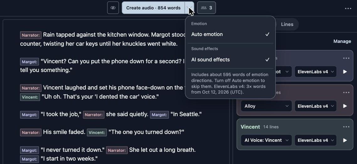 The Audio options menu in LyricWinter Studio with Auto emotion and AI sound effects checked