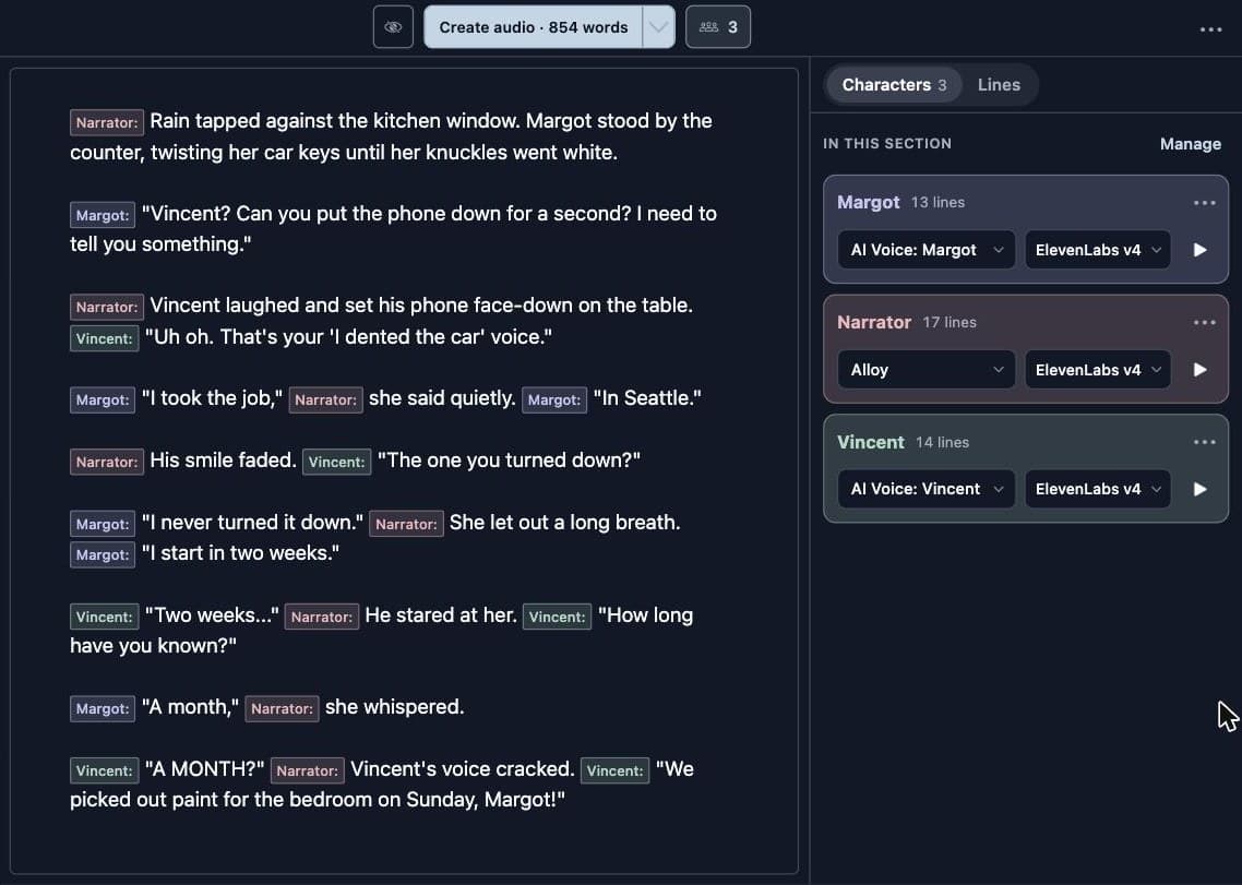 The Characters panel in LyricWinter Studio showing Margot, Vincent, and Narrator, each set to ElevenLabs v4