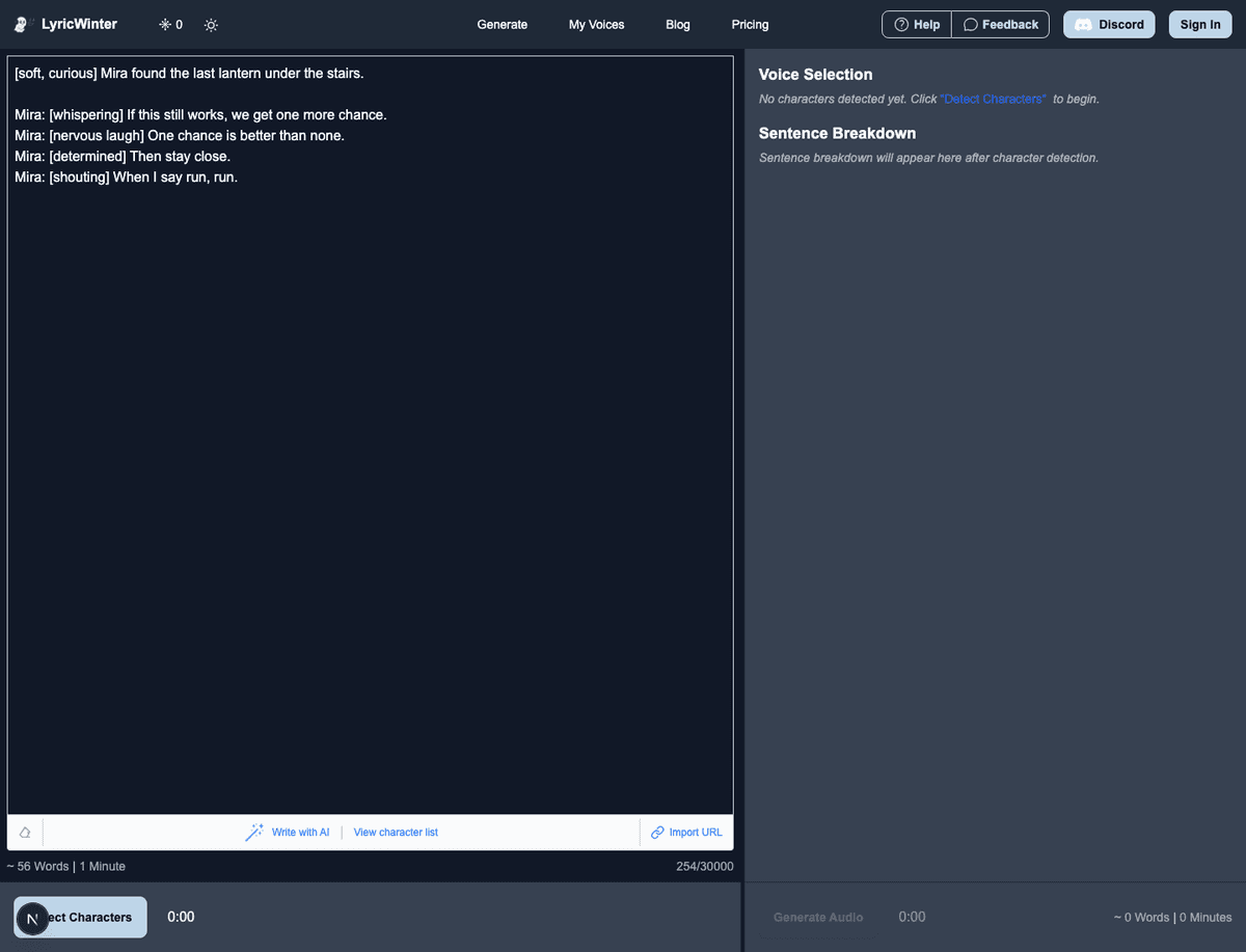 LyricWinter Generate page with voice control tags written in the story editor