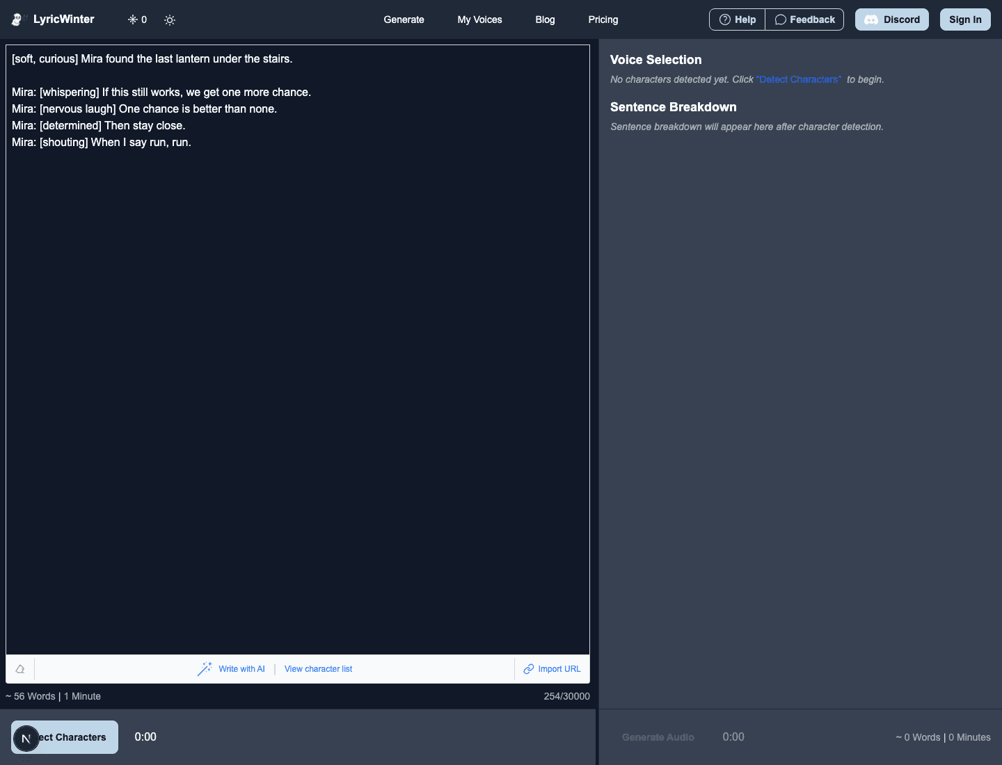 LyricWinter Generate page with emotion tags written in the story editor