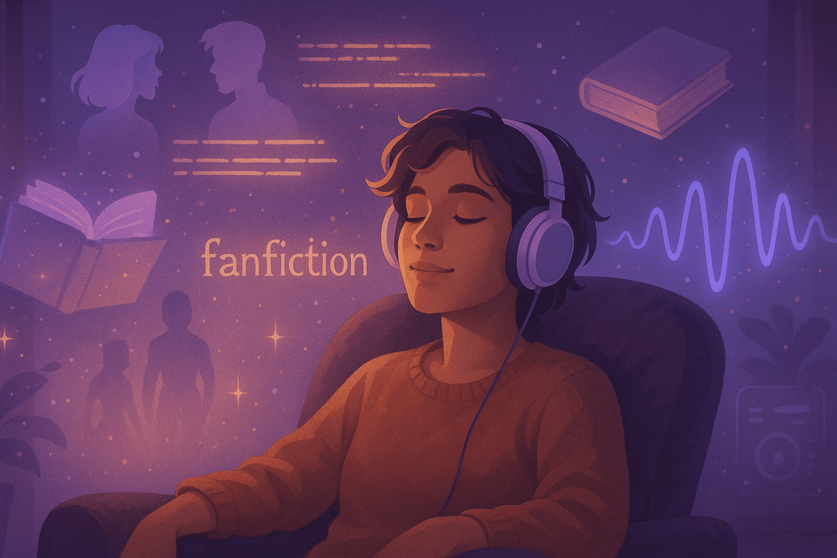 How to listen to fanfiction - headphones over a story page, LyricWinter guide
