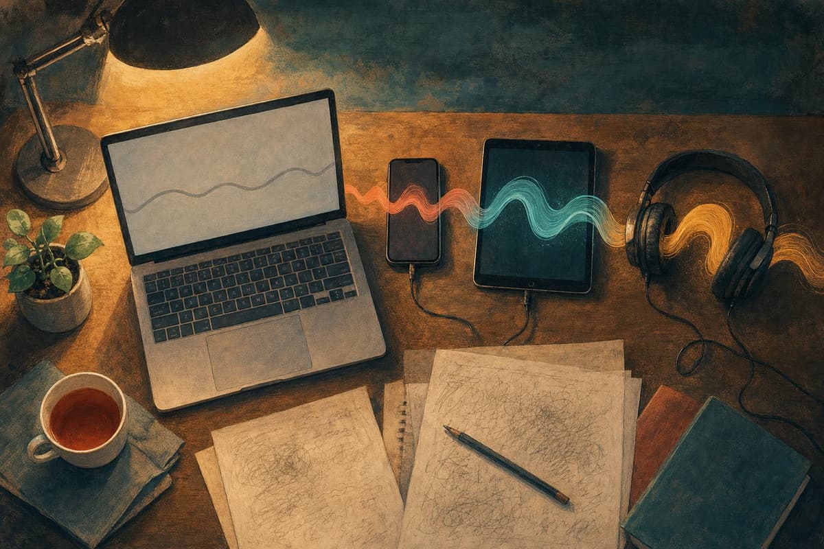Illustration of a desk at night with a laptop, phone, tablet and headphones in a row, one showing a flat gray sound line and the others giving off coral, teal and amber sound waves