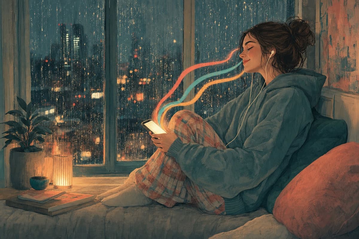 Illustration of a young woman curled up on a rainy-night window seat with wired earbuds in, smiling with her eyes closed as three colored ribbons of light rise from her phone like three different voices