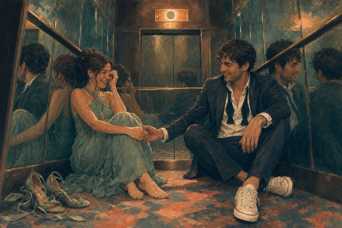 Illustration of a bridesmaid and a man in a loosened suit sitting on the floor of a stuck mirrored elevator, she laughing through tears and he reaching for her hand under a glowing intercom