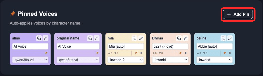 LyricWinter Dashboard pinned voice cards with the Add Pin control highlighted