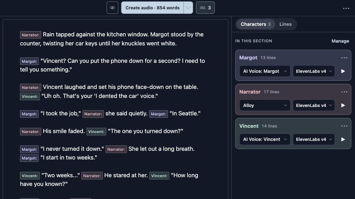 LyricWinter Studio with two characters set to ElevenLabs v4 and audio tags in the story
