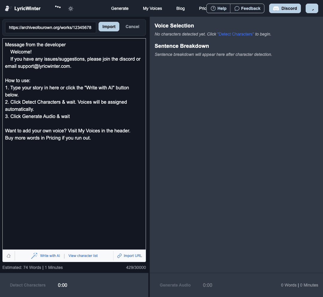 LyricWinter URL import field with an AO3 link pasted into the generate page