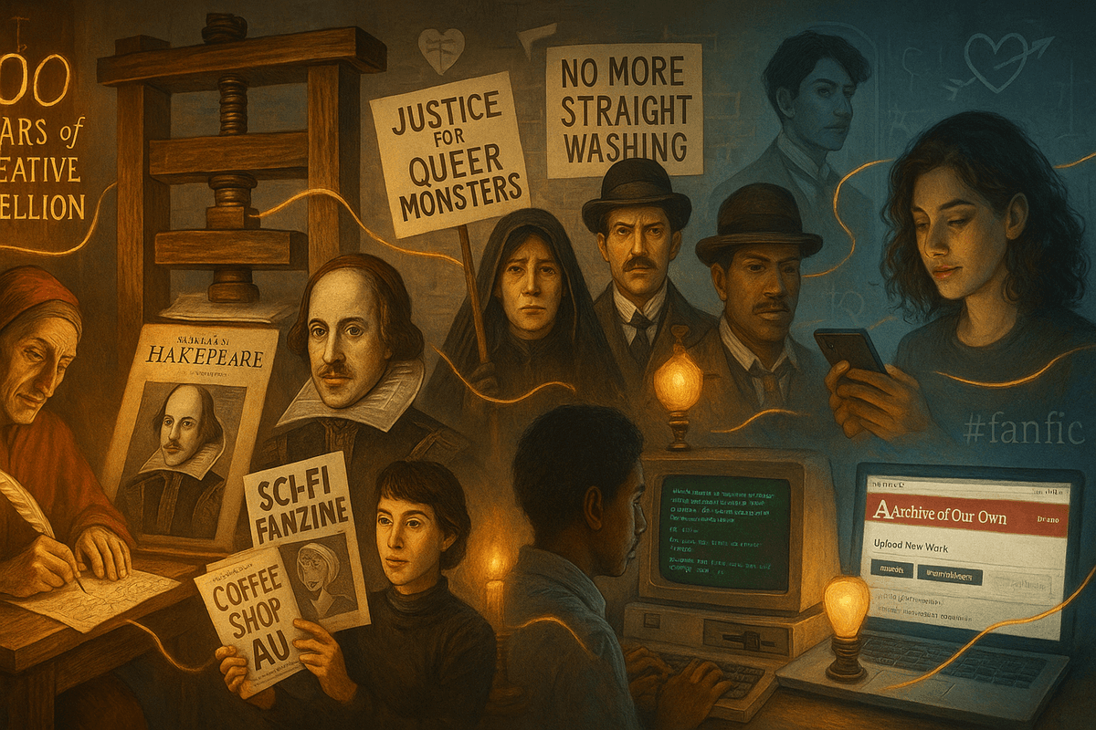 A vibrant digital collage showing the evolution of storytelling from ancient scrolls to modern screens, with characters from various fandoms merging and transforming