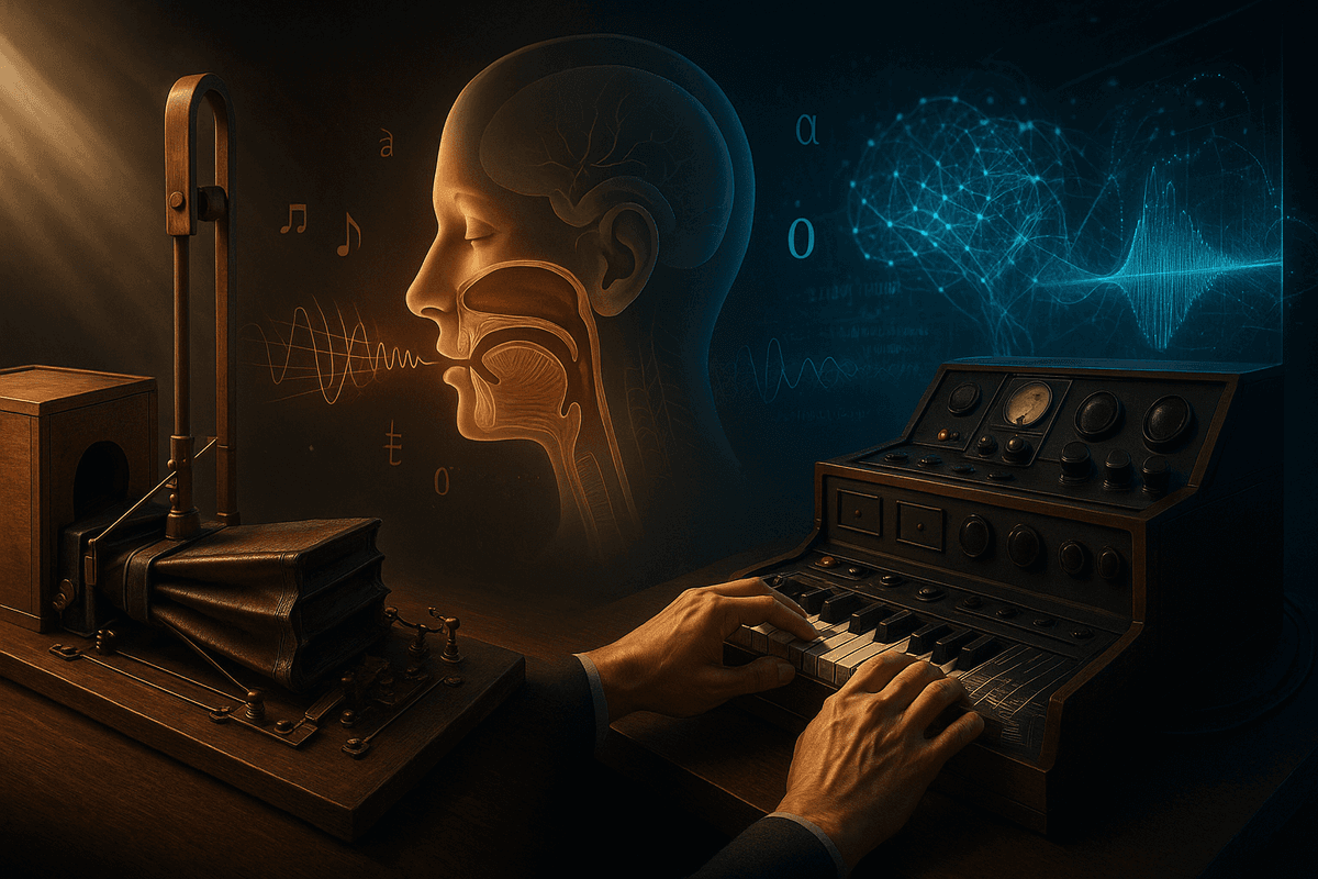 Advanced neural network visualization representing voice cloning technology with waveforms and AI processing elements