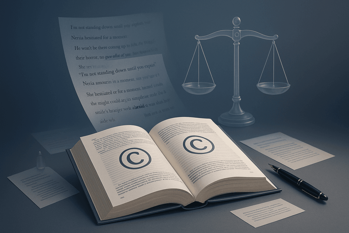 Legal books and documents representing copyright law and fanfiction regulations