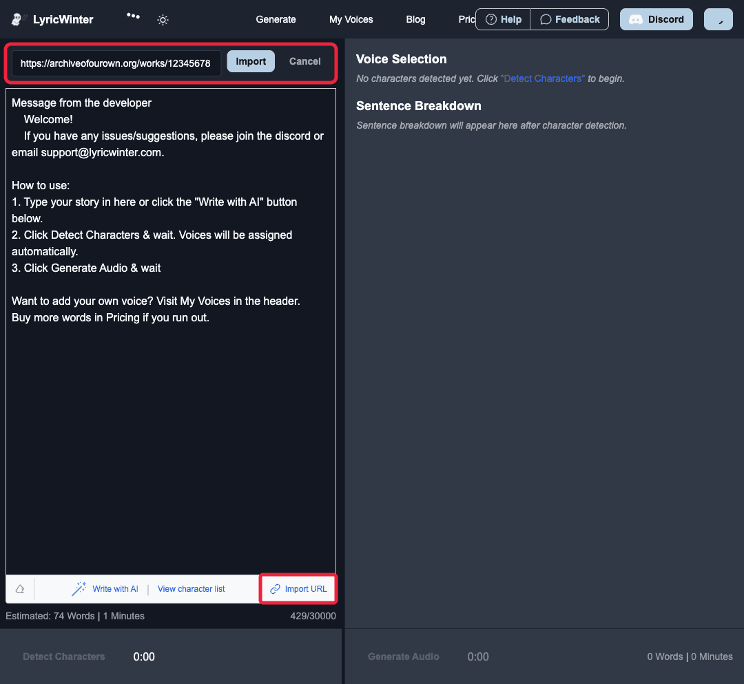 The LyricWinter URL import input with an Archive of Our Own URL pasted and the Import button enabled