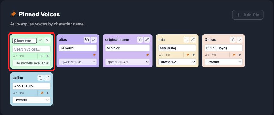 Dashboard Pinned Voices section with the Add Pin draft card highlighted