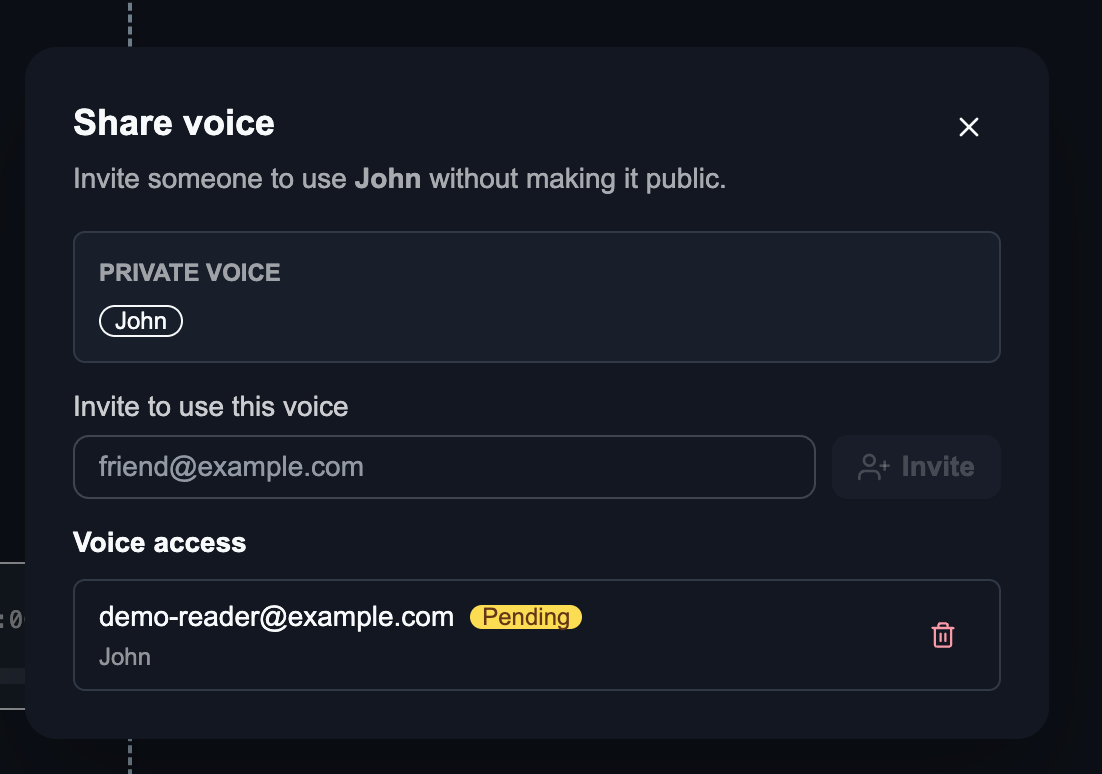 LyricWinter share voice dialog with John selected and an email invite field